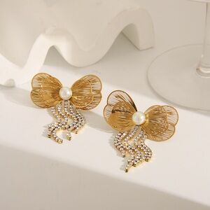 Gold Pearl Bow Drop Earrings - Women Jewelry